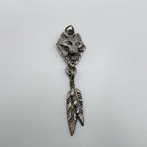 Vintage EJC Pewter Wolf Face Feather Pendant Charm – Boho Tribal Jewelry